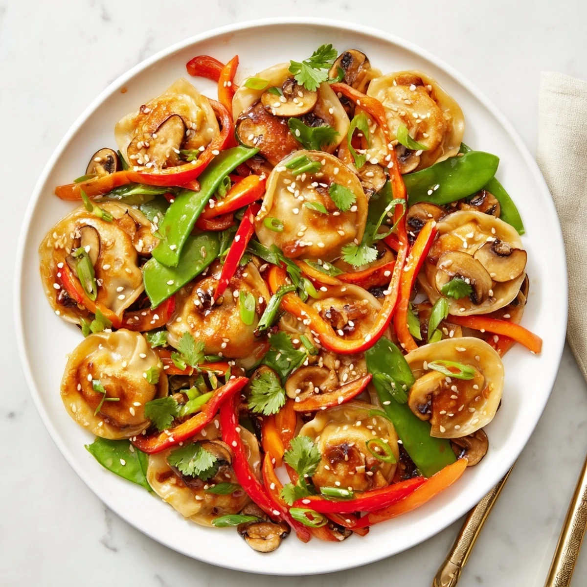 Golden potsticker stir fry with colorful vegetables coated in savory soy sesame sauce