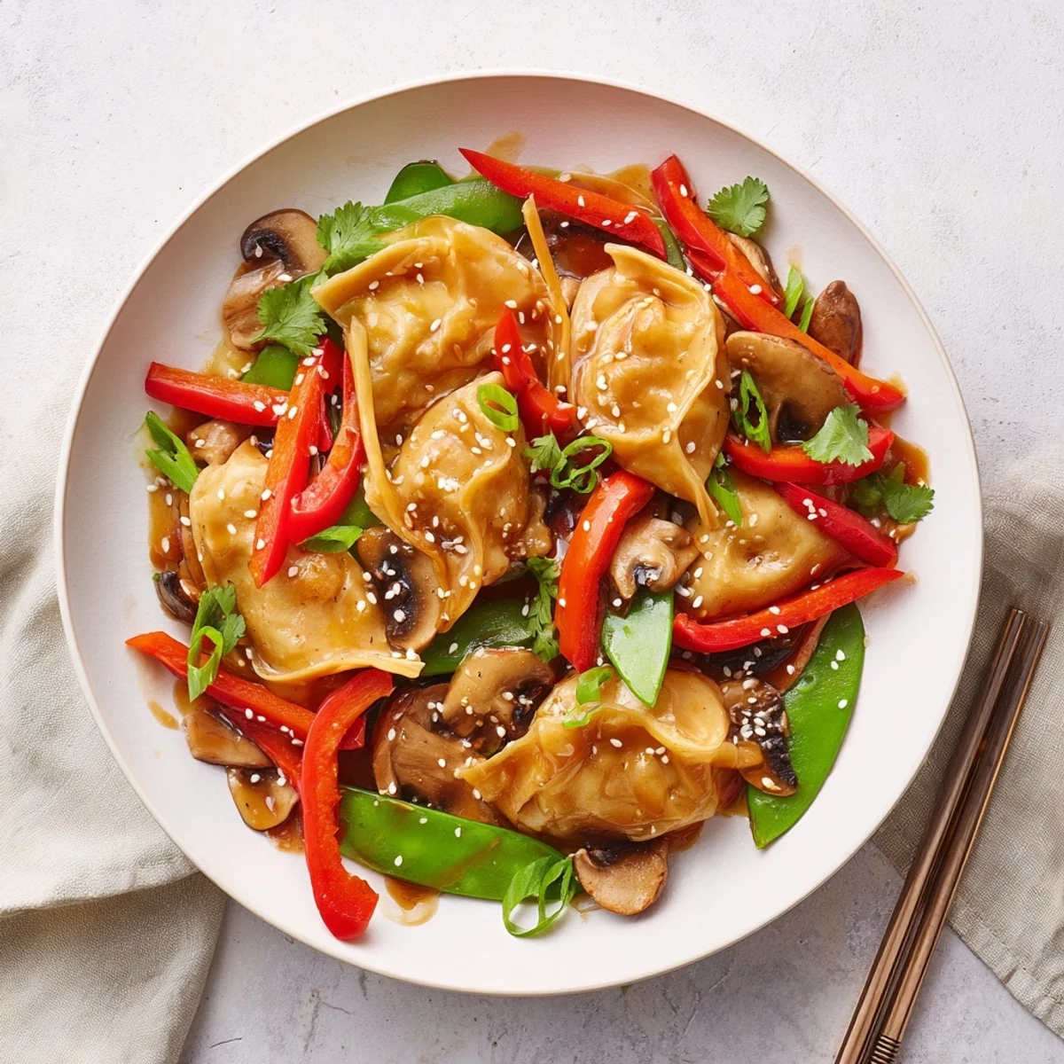 Easy potsticker stir fry plated with fresh cilantro and toasted sesame seed garnish