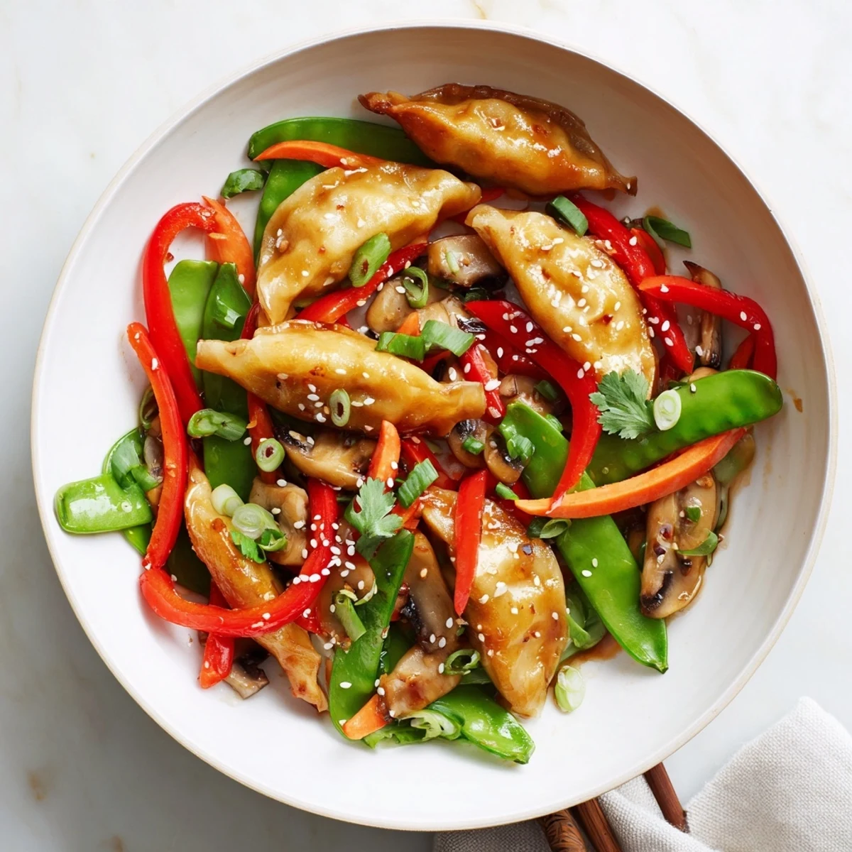 Crispy potstickers tossed with crisp snap peas and bell peppers in glossy glaze