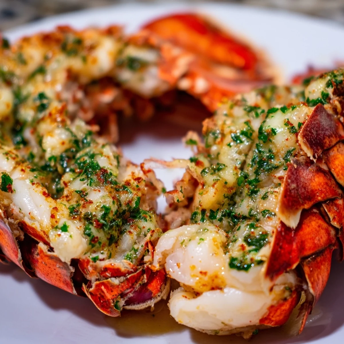Succulent lobster meat brushed with lemon garlic butter sauce garnished with fresh parsley