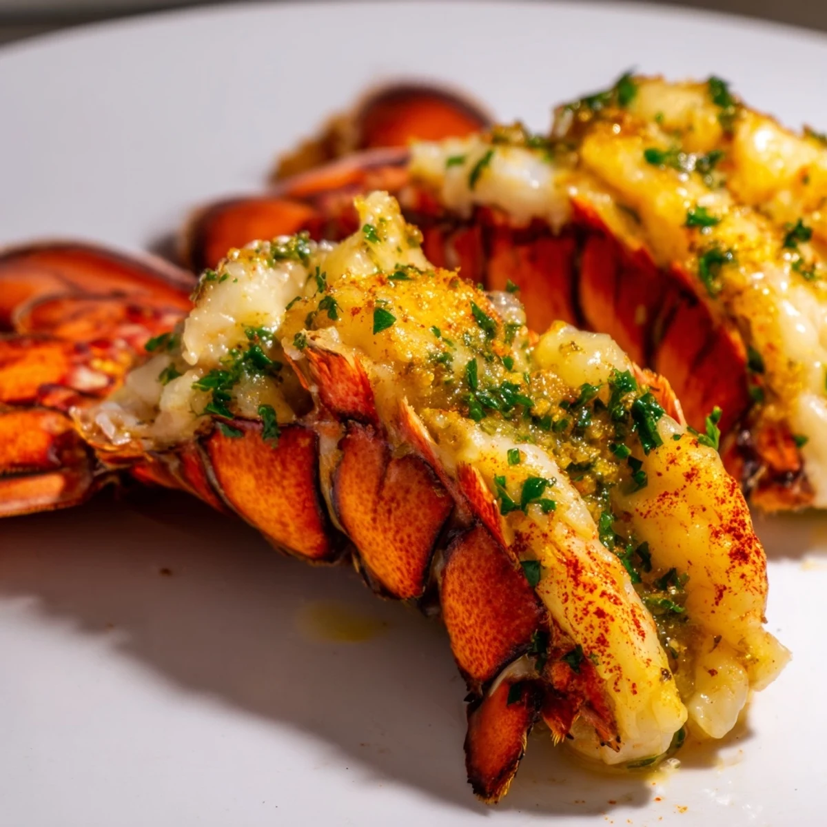 Golden garlic butter lobster tails baked to tender perfection on a white platter