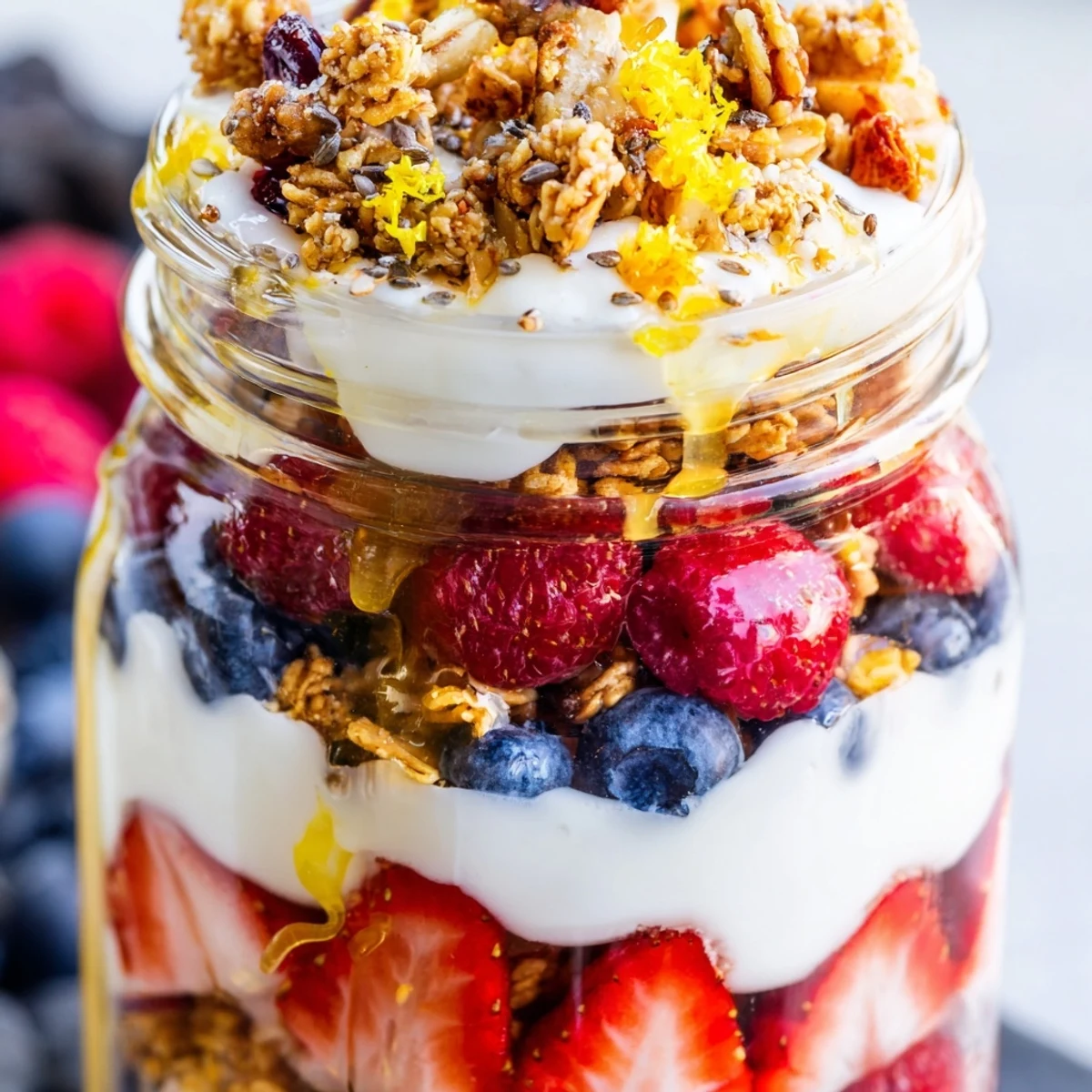 Creamy Greek yogurt parfait layered with fresh berries and crunchy granola in glass