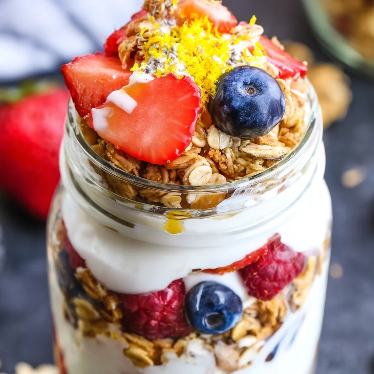 Greek yogurt parfait topped with vibrant mixed berries and honey drizzle