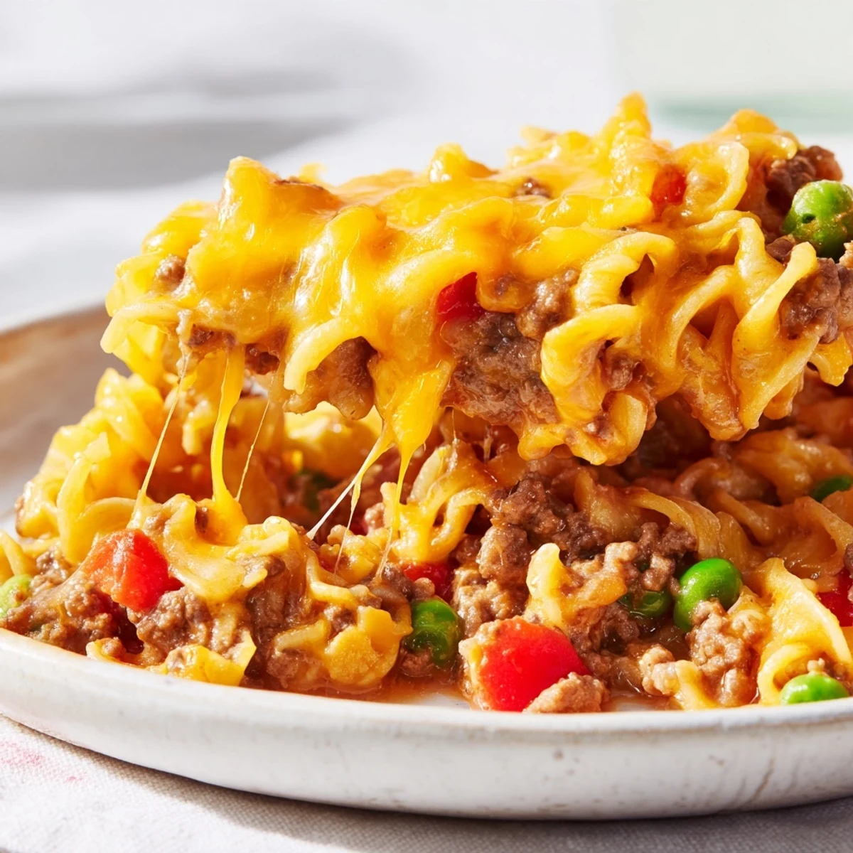 Golden bubbly cheesy beef and noodle casserole fresh from the oven