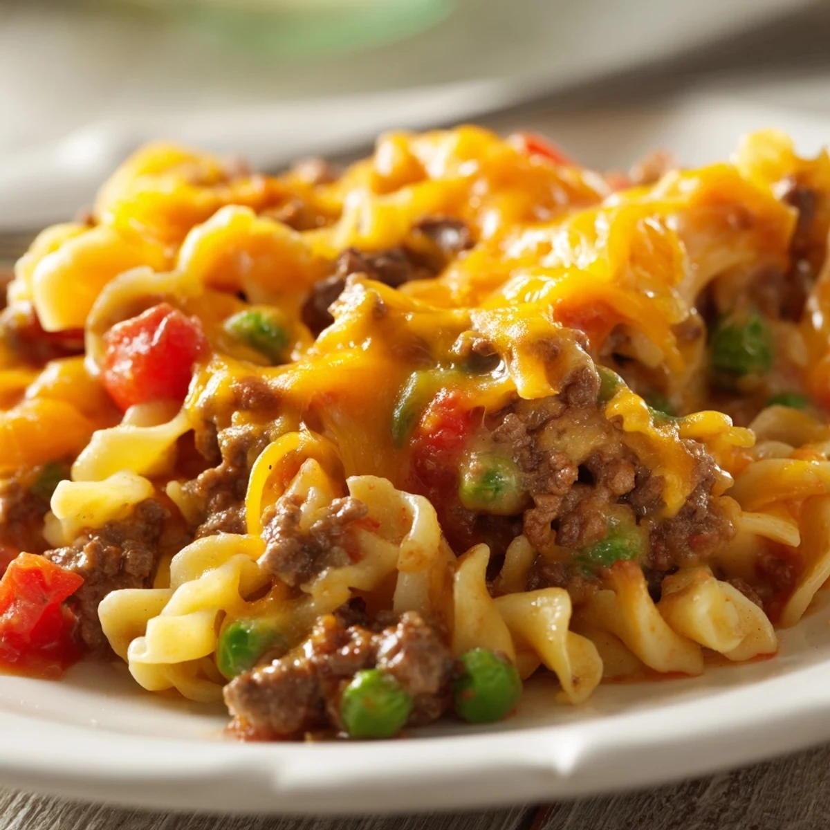 Creamy cheesy beef and noodle casserole with tender egg noodles and melted cheddar topping
