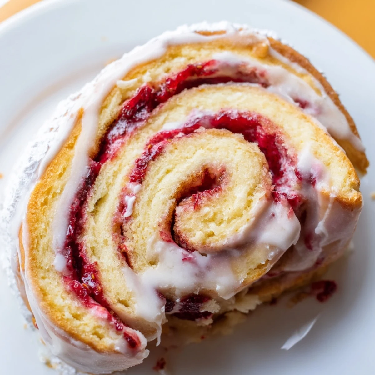 Golden strawberry shortcake cheesecake rolls drizzled with sweet vanilla glaze on white plate