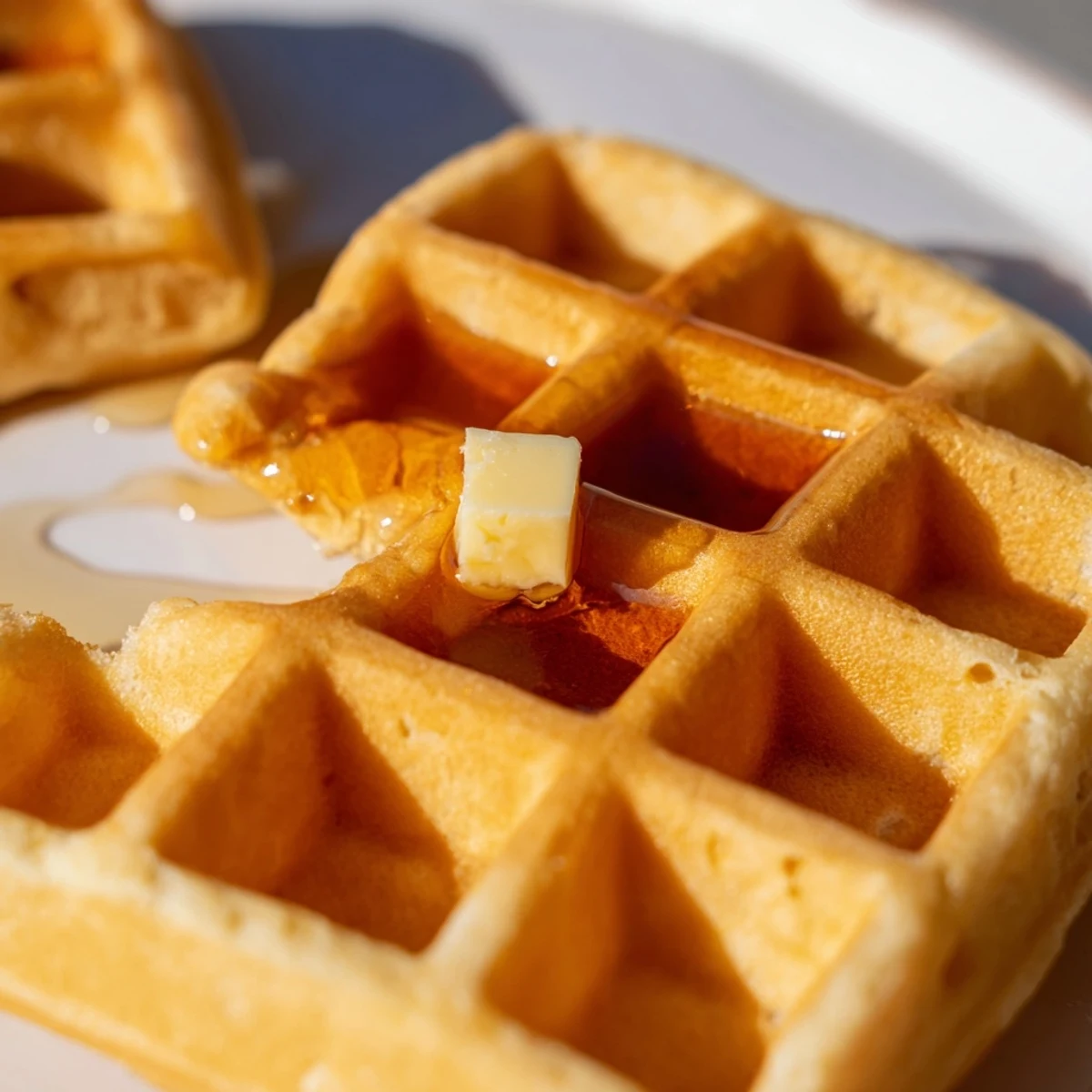 Golden crispy Greek yogurt waffles stacked on a plate with fresh berries and maple syrup