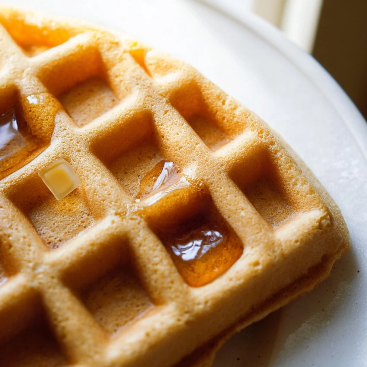 Fluffy Greek yogurt waffles with deep grids topped with butter and drizzled honey