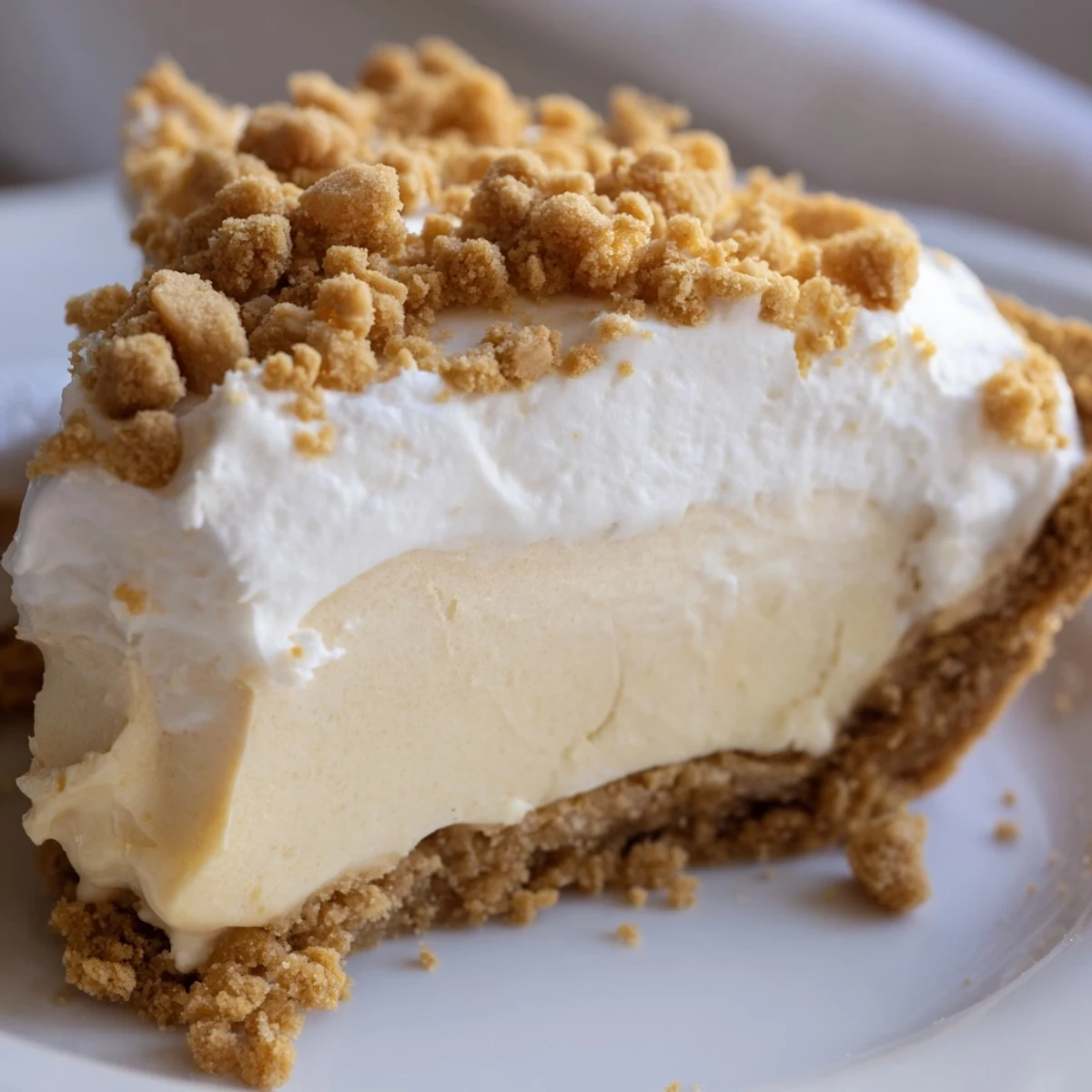 Creamy Old Fashioned Amish Peanut Butter Dream Pie topped with fluffy whipped cream and golden crumbs