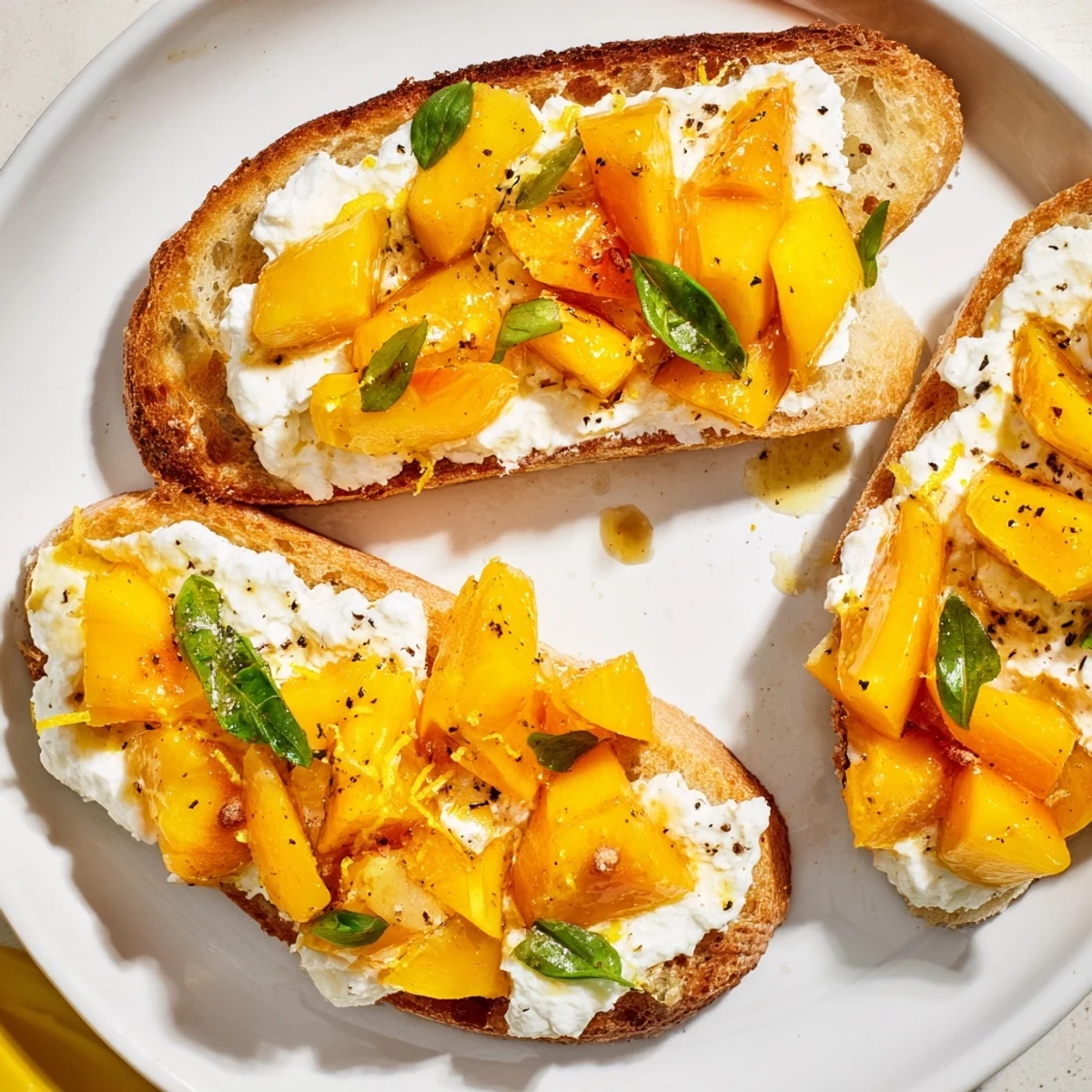 Golden toasted baguette slices topped with creamy ricotta and vibrant Sun Kissed Peach Bruschetta