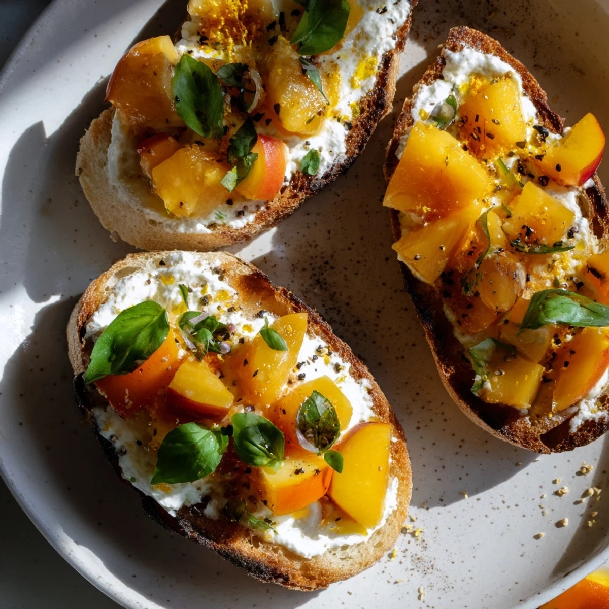 Fresh diced peaches and basil garnish this colorful Sun Kissed Peach Bruschetta appetizer