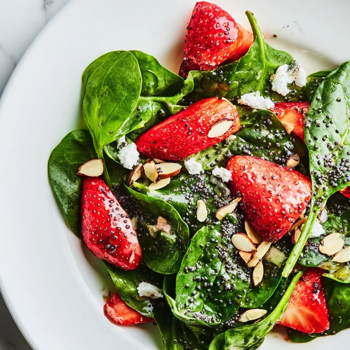 Fresh strawberry spinach salad topped with crumbled feta and drizzled with balsamic poppy seed dressing