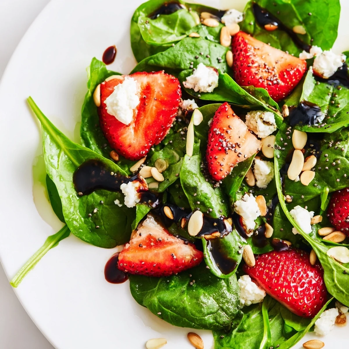 Vibrant strawberry spinach salad with sliced almonds, red onion, and glossy balsamic poppy seed dressing