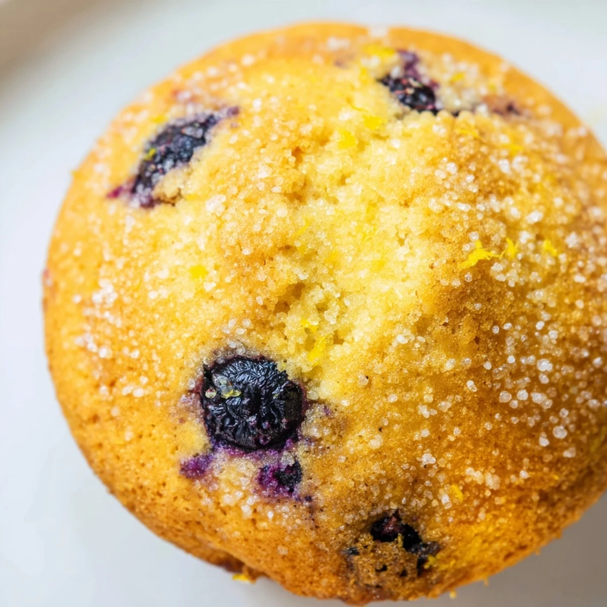 Golden lemon blueberry muffins topped with sparkling sugar on a rustic wooden serving board