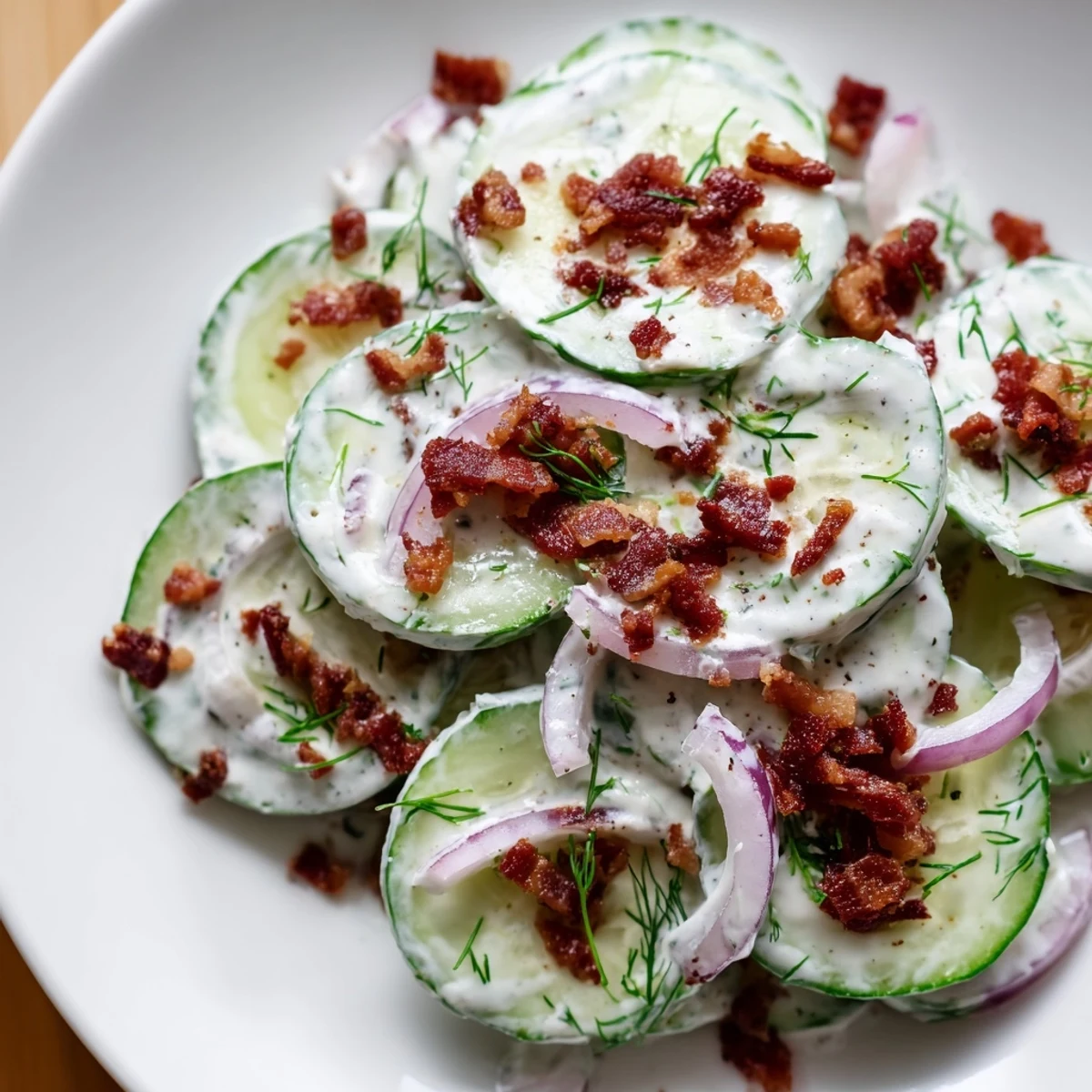 Crispy bacon bits scattered over fresh cucumber salad with creamy Greek yogurt dressing