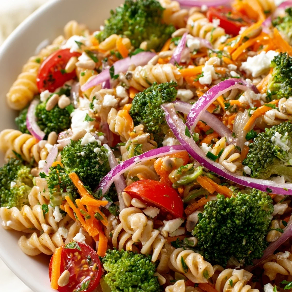 Fresh broccoli pasta salad in a serving bowl with cherry tomatoes and zesty lemon dressing