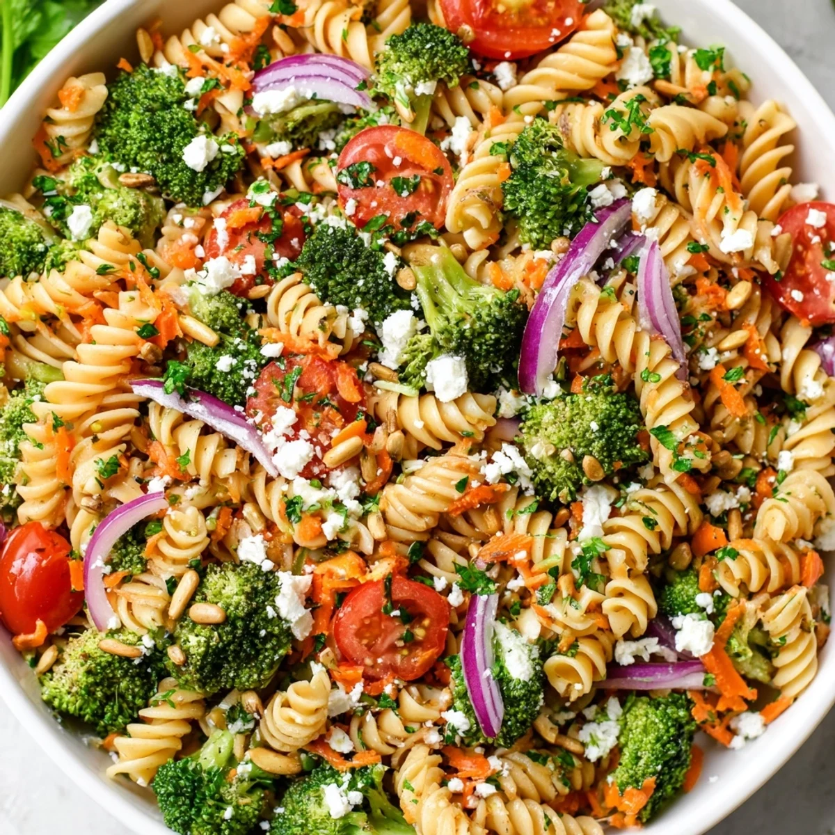 Crisp broccoli pasta salad topped with crumbled feta cheese and crunchy toasted sunflower seeds