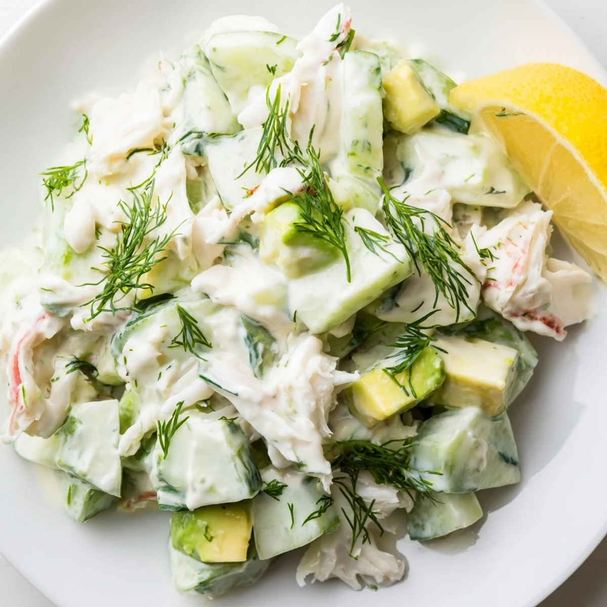 Crisp cucumber salad with crab meat tossed in creamy dressing and fresh dill garnish