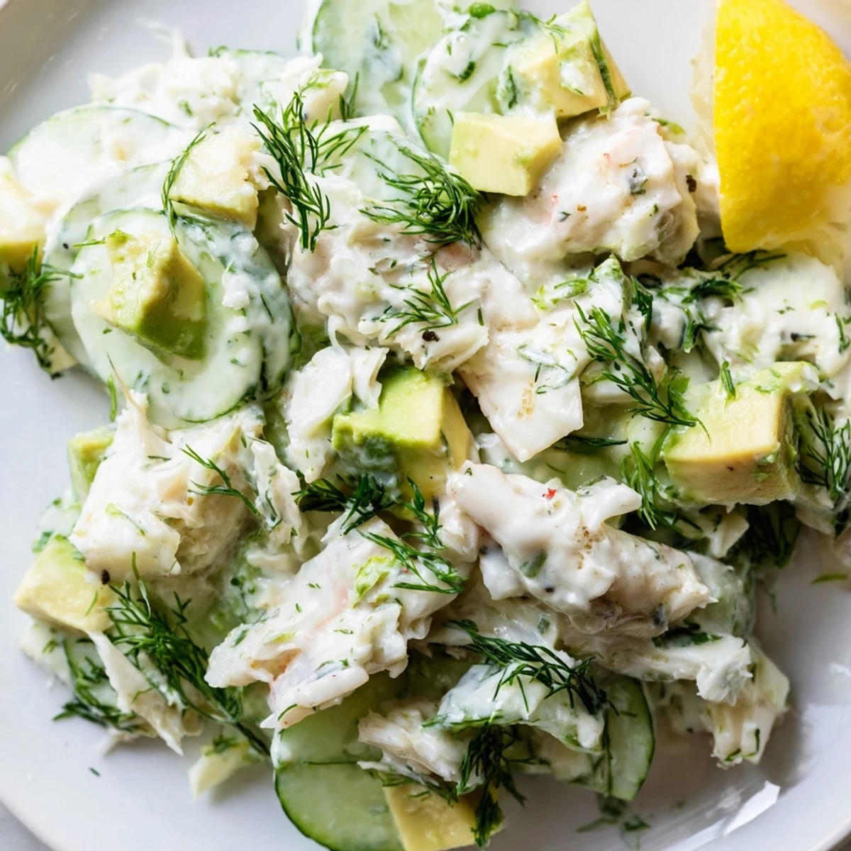 Chilled cucumber salad with crab meat served alongside bright lemon wedges for garnishing