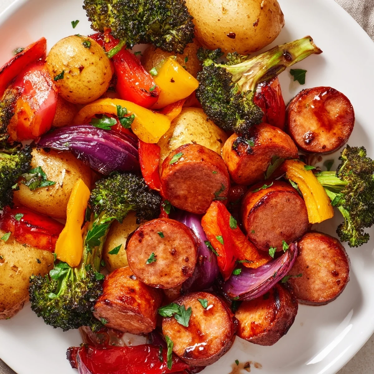 One Pan Honey Garlic Kielbasa Veggies roasted until caramelized and glistening on a sheet pan