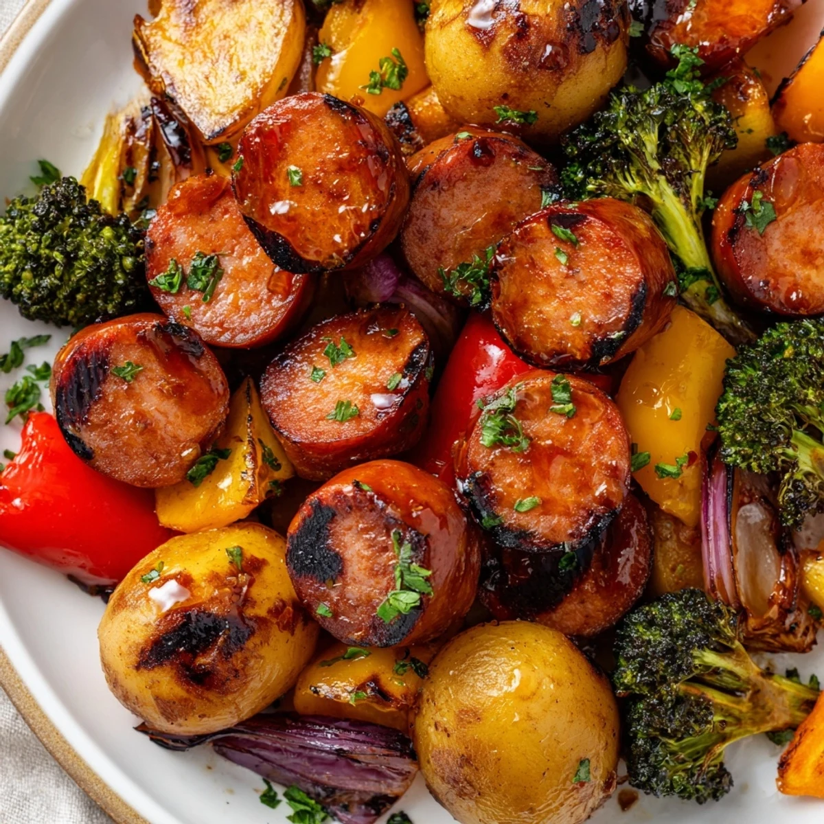 Golden brown sausage and crisp tender vegetables drizzled with sticky One Pan Honey Garlic Kielbasa Veggies glaze