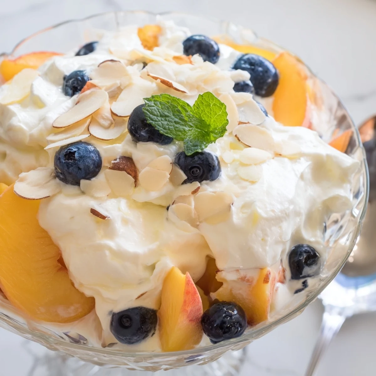 Creamy peaches and cream salad topped with fresh mint leaves in a glass bowl
