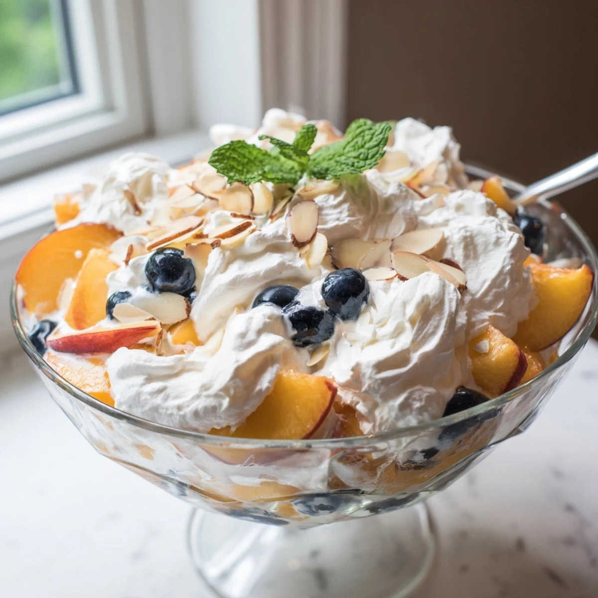 Juicy sliced peaches layered with fluffy whipped cream for a refreshing summer dessert