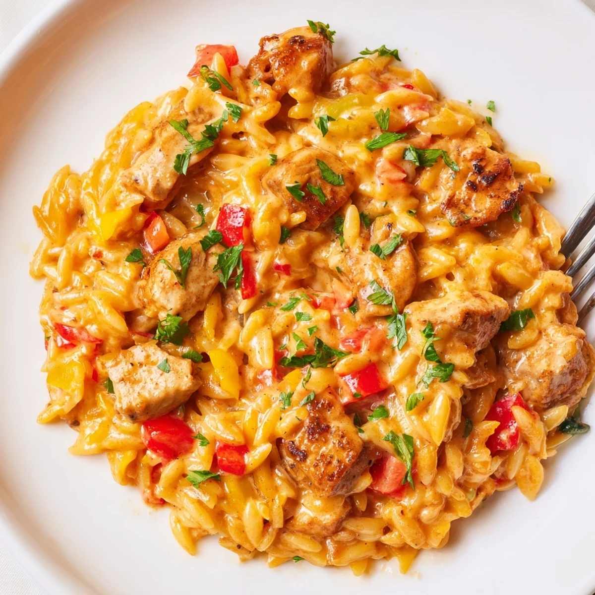 Creamy One Pot Cajun Chicken Alfredo Orzo in a cast iron skillet with fresh parsley garnish