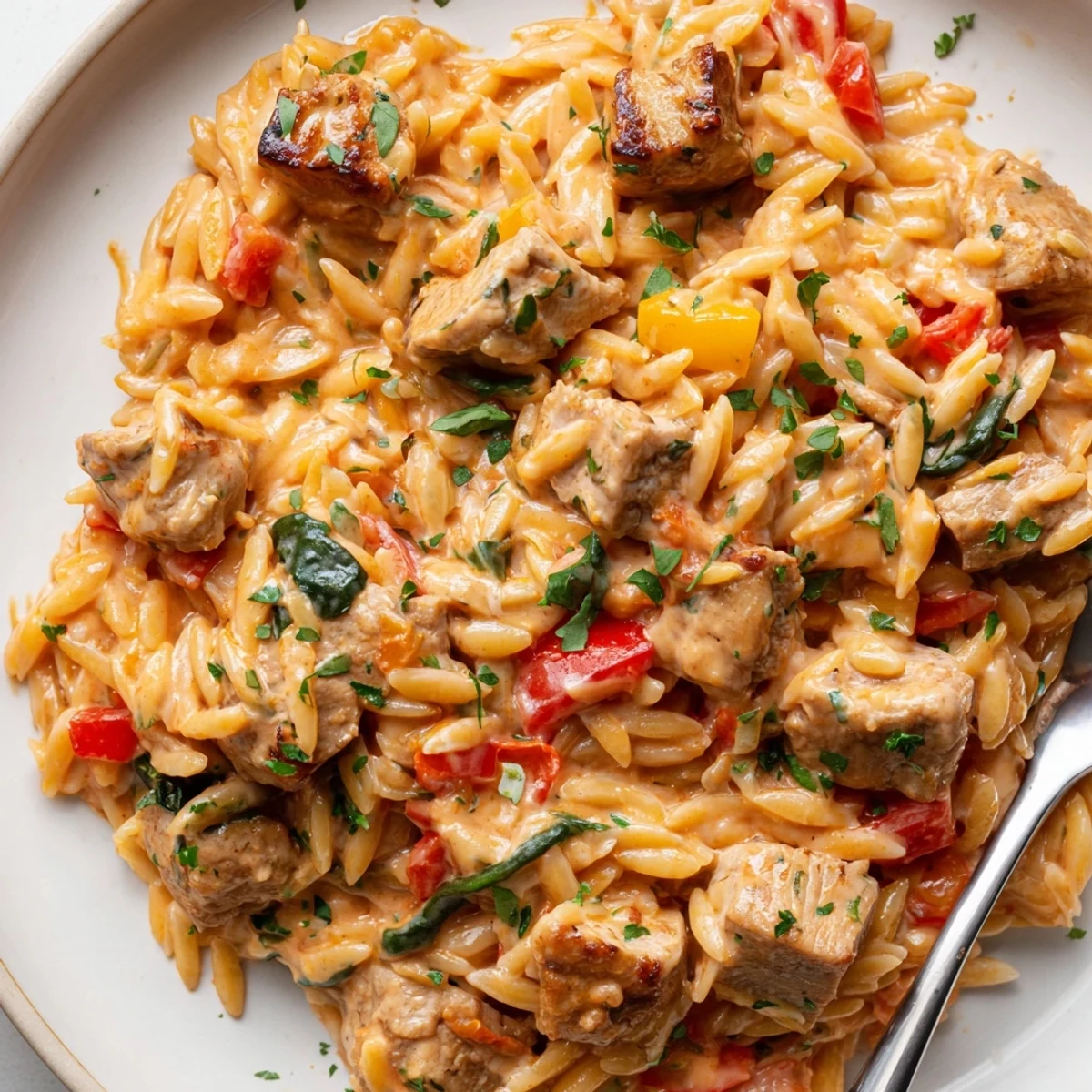 Steaming bowl of One Pot Cajun Chicken Alfredo Orzo topped with tender seared chicken pieces