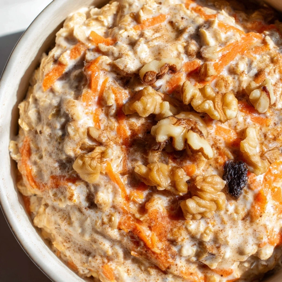 Creamy carrot cake overnight oats topped with walnuts and raisins in a glass jar