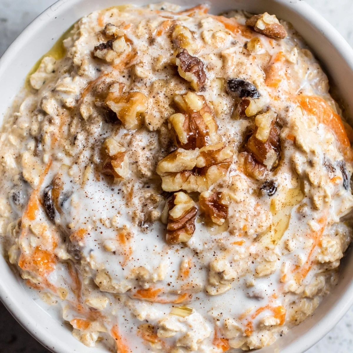 Spiced carrot cake overnight oats with visible grated carrots and a yogurt swirl