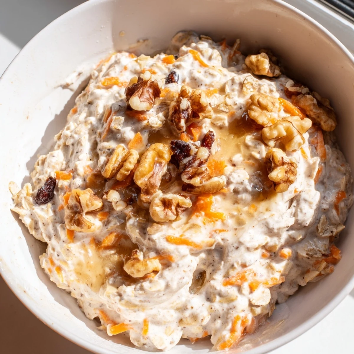 Carrot cake overnight oats served in mason jar with coconut and pecan garnish