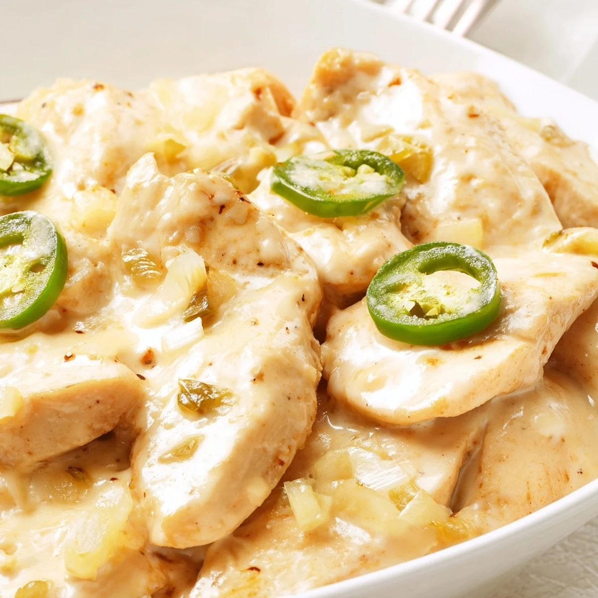 Creamy jalapeno chicken in golden skillet topped with melted Monterey Jack cheese and fresh cilantro