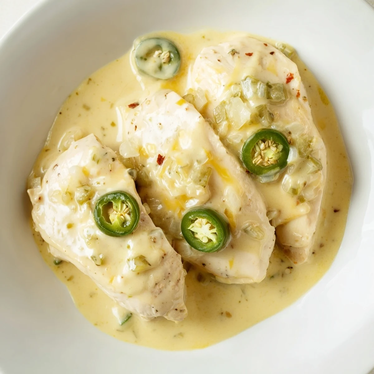 Spicy jalapeno chicken breasts smothered in rich cream sauce with tender sliced peppers