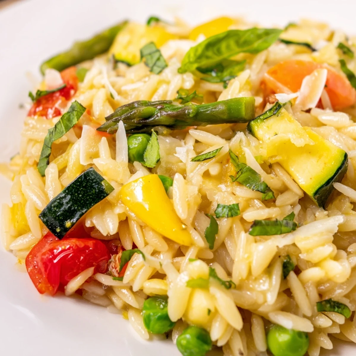 Orzo Primavera with colorful vegetables and herbs in a bright lemon Parmesan sauce