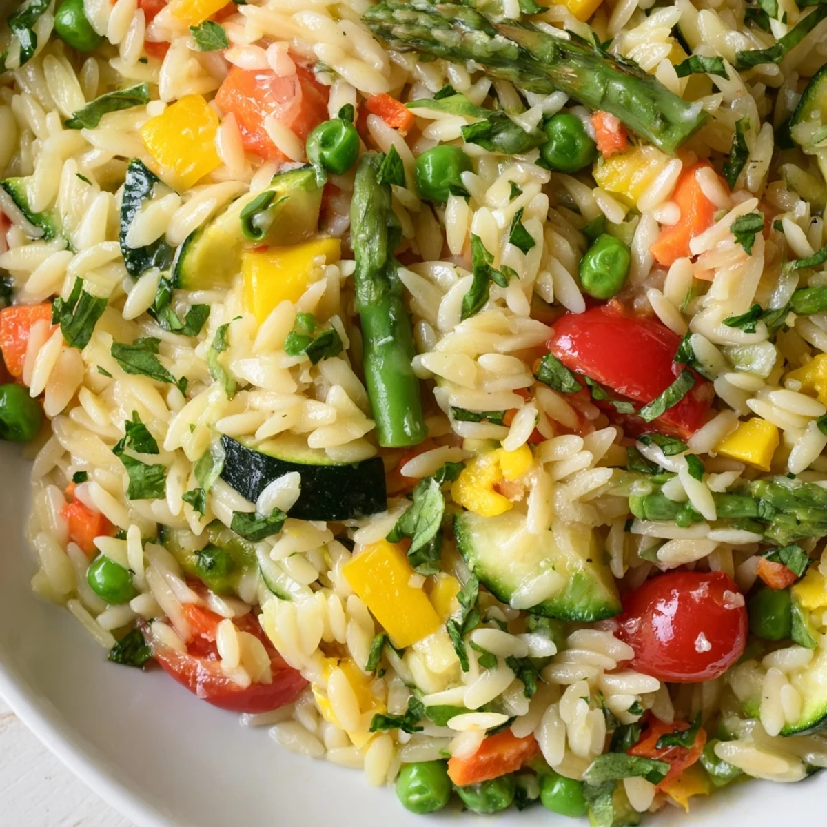 Creamy Orzo Primavera loaded with zucchini cherry tomatoes asparagus and fresh basil