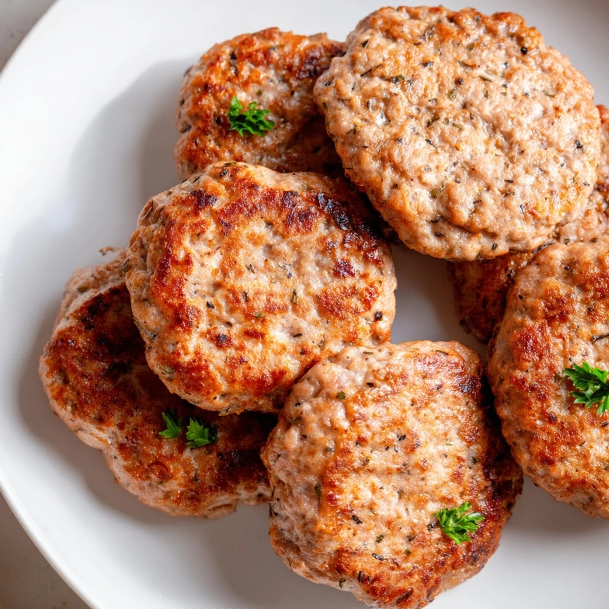 Golden brown ground turkey sausage patties sizzling in a cast iron skillet