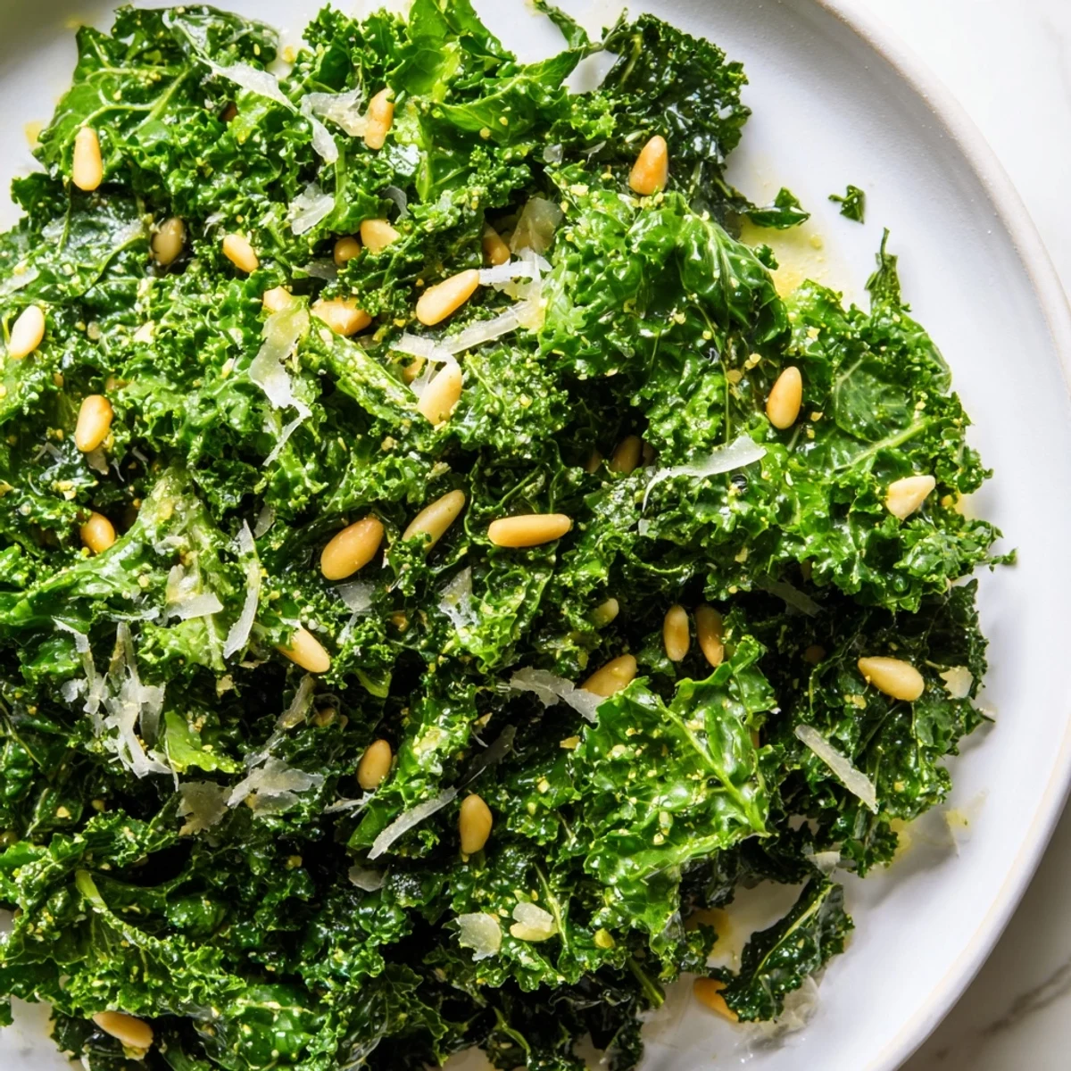 Fresh garlic lemon Parmesan kale salad in a wooden bowl with shaved cheese