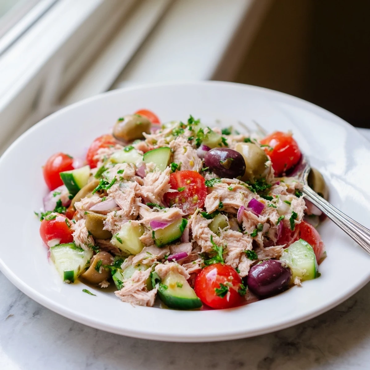 Mediterranean tuna salad in a white bowl with cherry tomatoes, cucumbers, and Kalamata olives