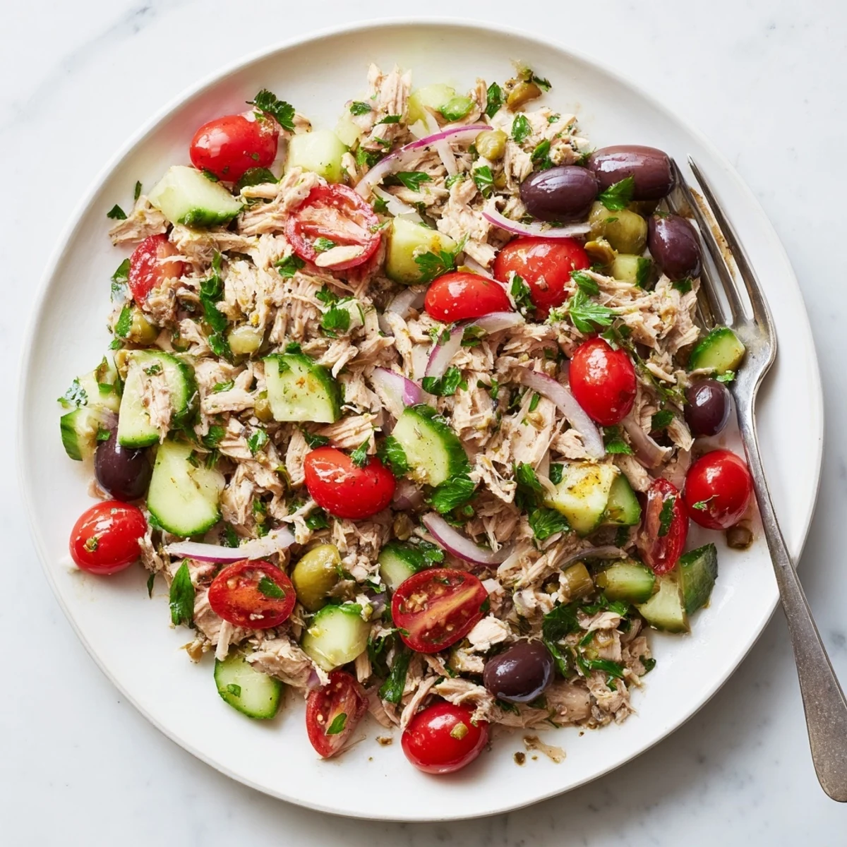 Crisp vegetables and tender tuna tossed in zesty lemon dressing for a refreshing Mediterranean tuna salad
