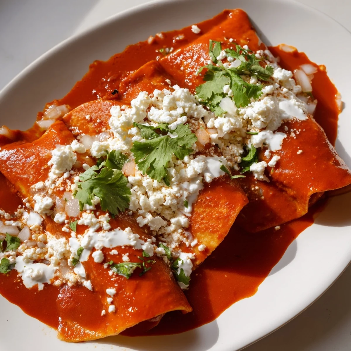 Golden entomatadas drizzled with crema and topped with crumbled queso fresco and fresh cilantro.