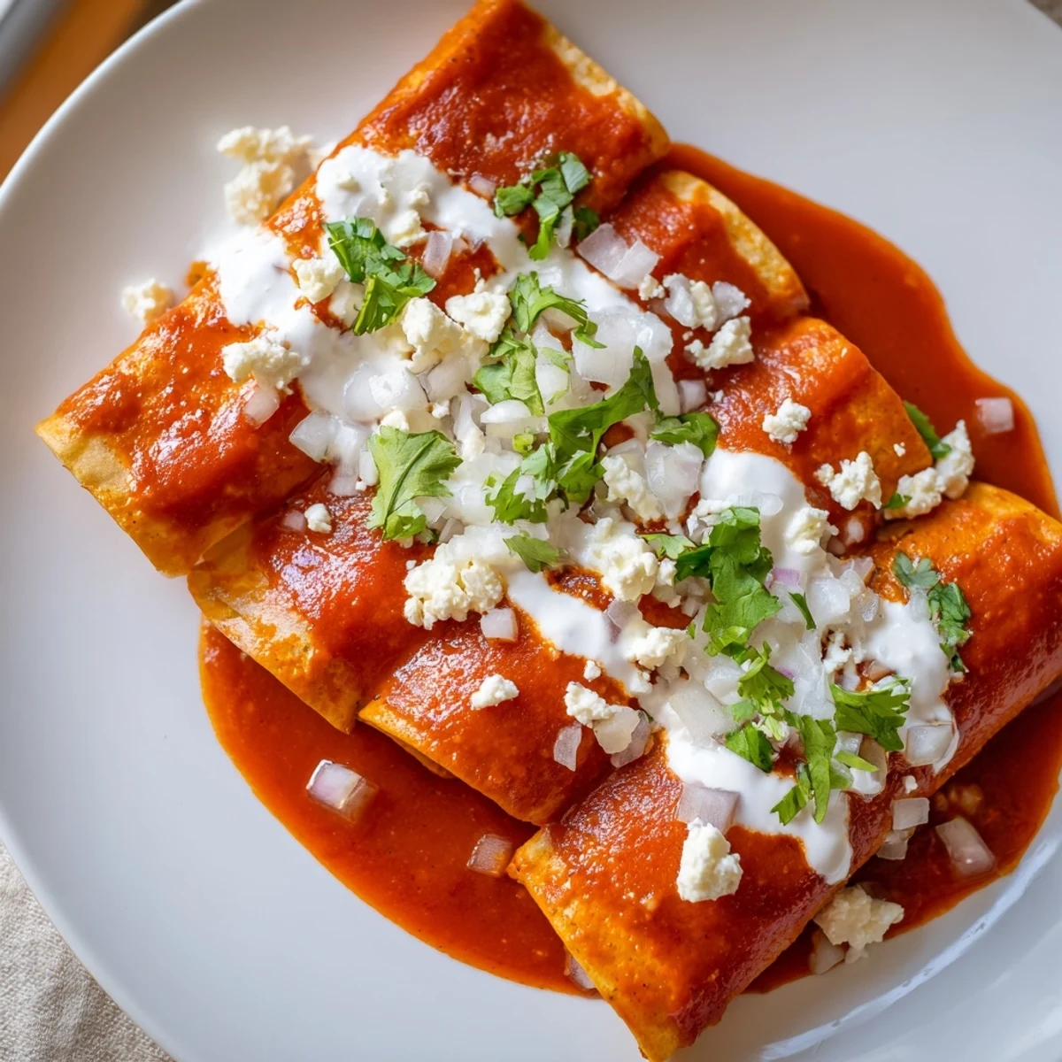 Folded corn tortillas smothered in vibrant red tomato sauce with melted cheese and diced onions.