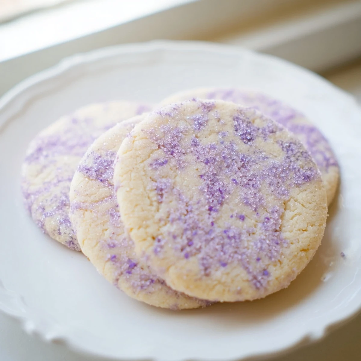 Soft lilac sugar cookies with pale purple hue arranged on rustic white ceramic plate