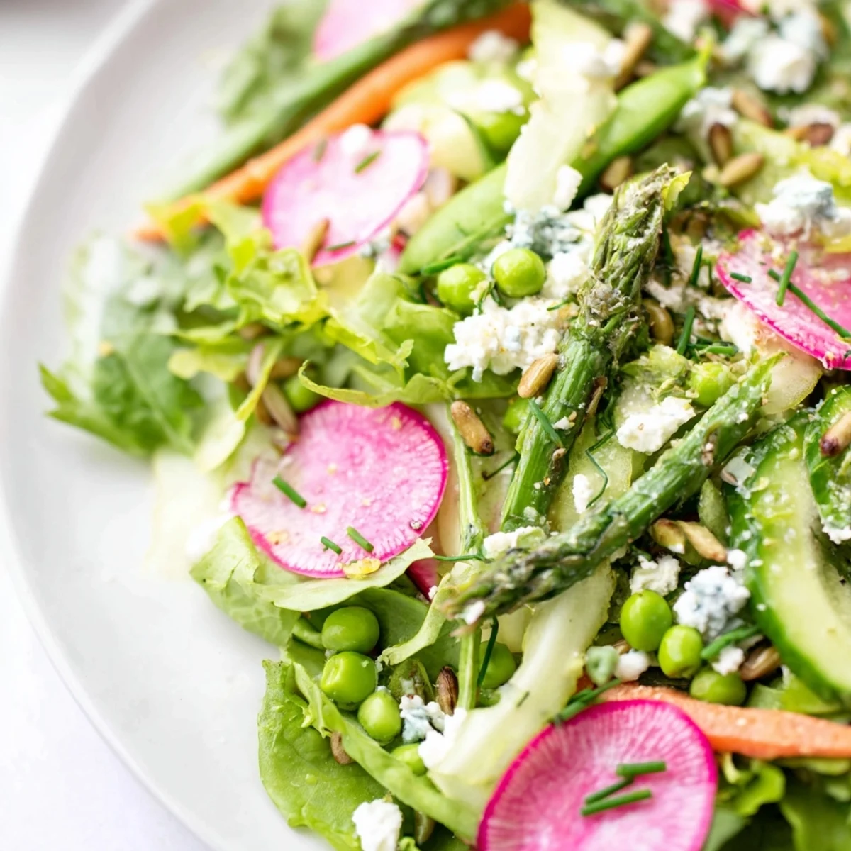 Bright Spring Salad with crisp asparagus, radishes, and crumbled feta on a white serving plate