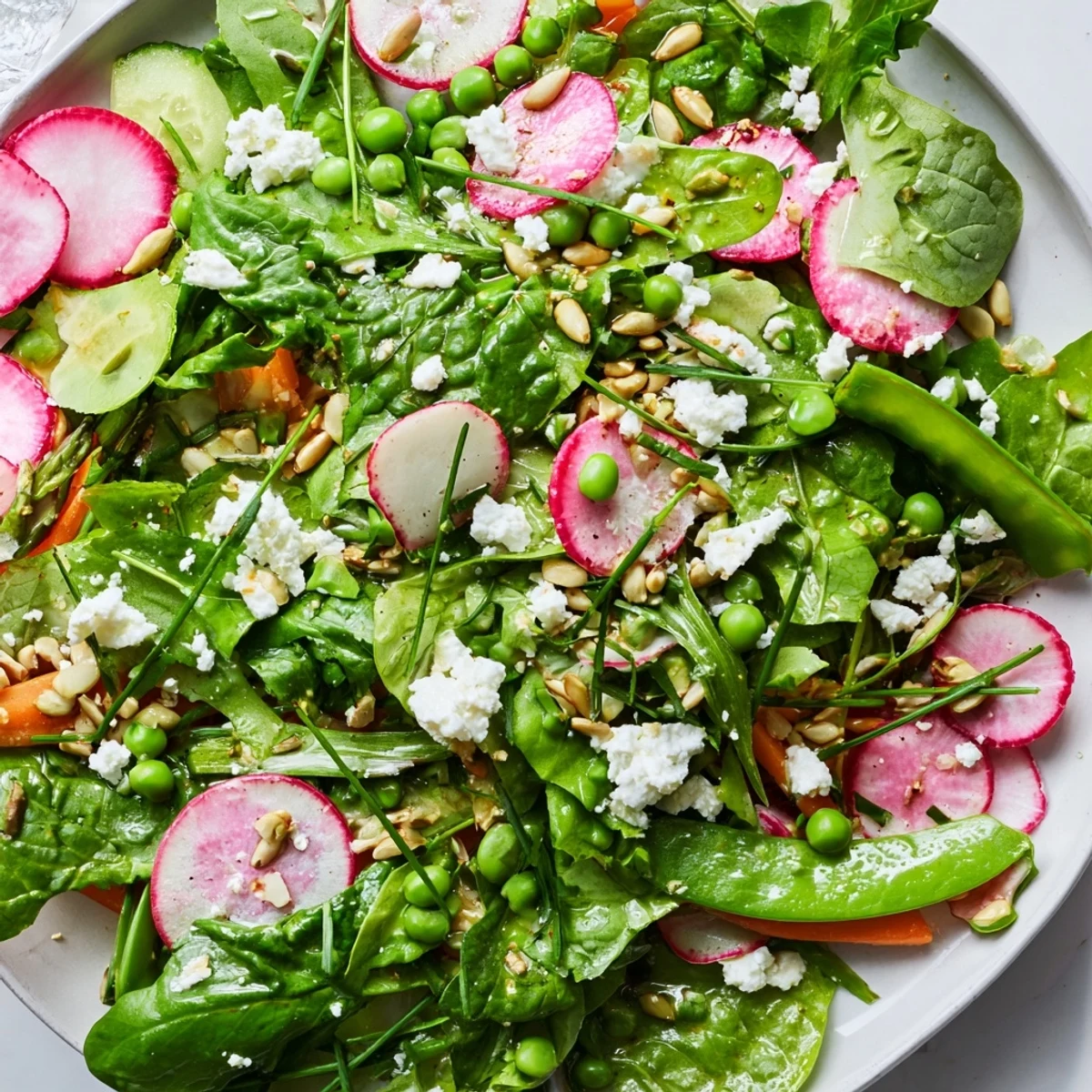 Fresh greens and shaved vegetables tossed in zesty lemon vinaigrette make this colorful salad shine