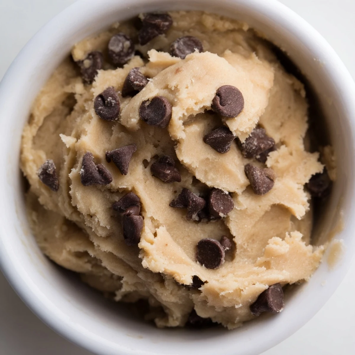 Safe-to-eat chocolate chip cookie dough in a bowl ready for snacking