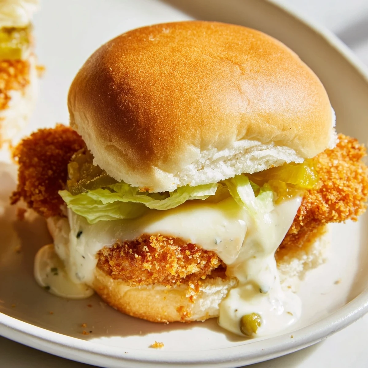 Mini Filet O Fish Sliders topped with crunchy lettuce and tangy homemade tartar sauce