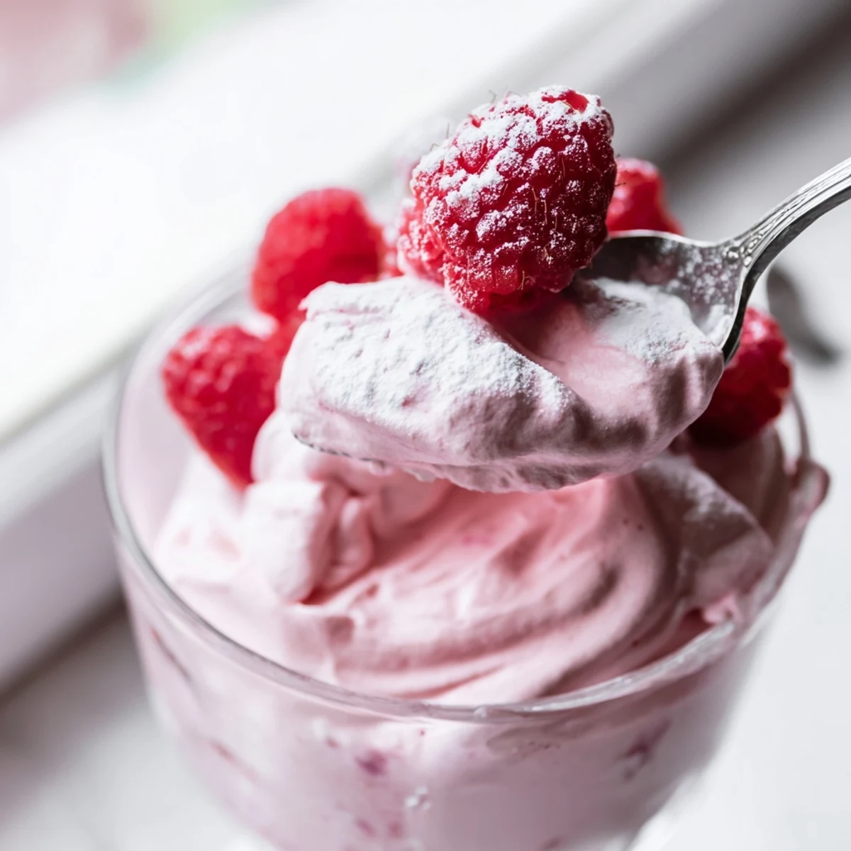 Creamy raspberry cloud mousse topped with fresh berries in elegant glass serving cups