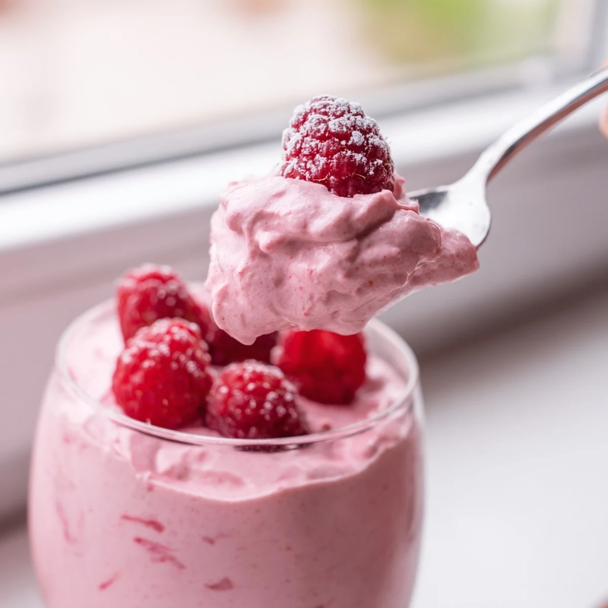Light and airy raspberry cloud mousse with vibrant pink color and silky texture