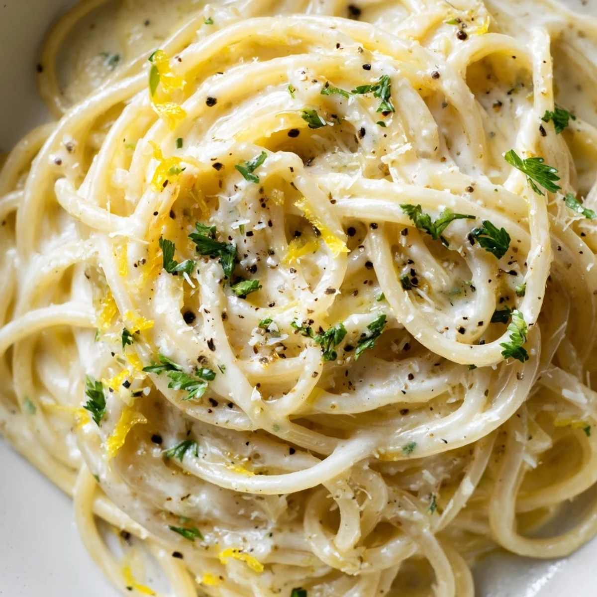 Creamy Parmesan Lemon Pasta twirled in a skillet with fresh herbs and black pepper